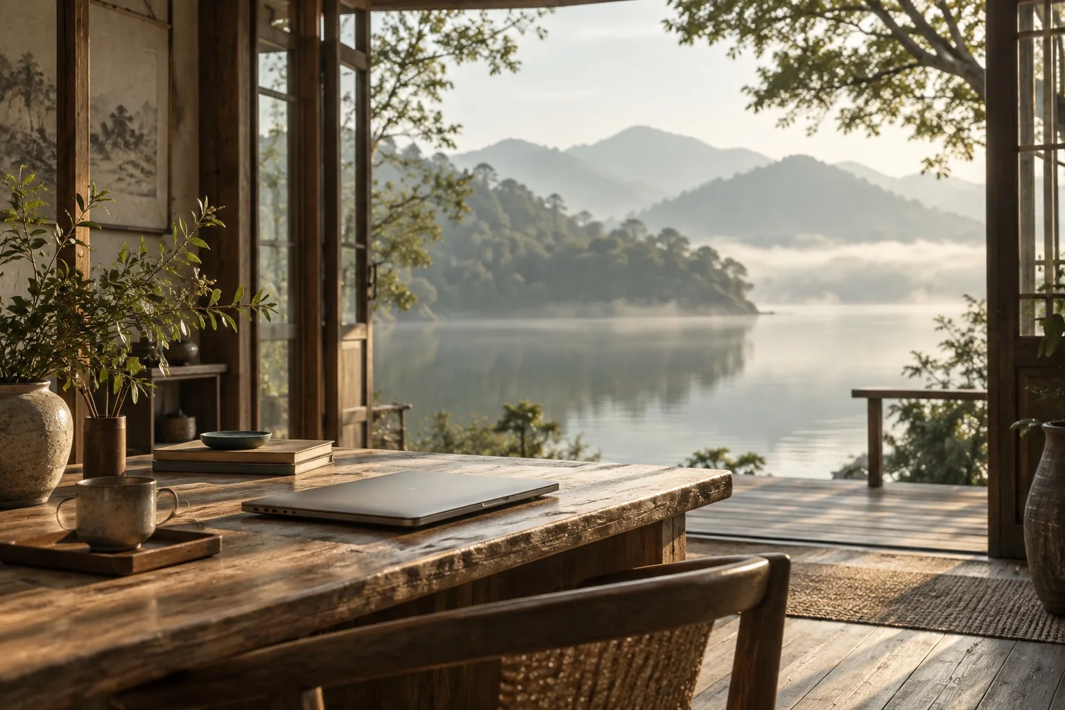 晨光中的湖畔木屋与远山